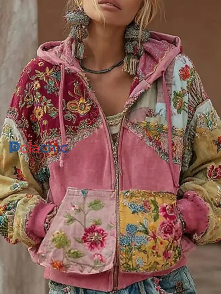 Top Décontracté Femme Rose Imprimé Floral Zippé Rose / S