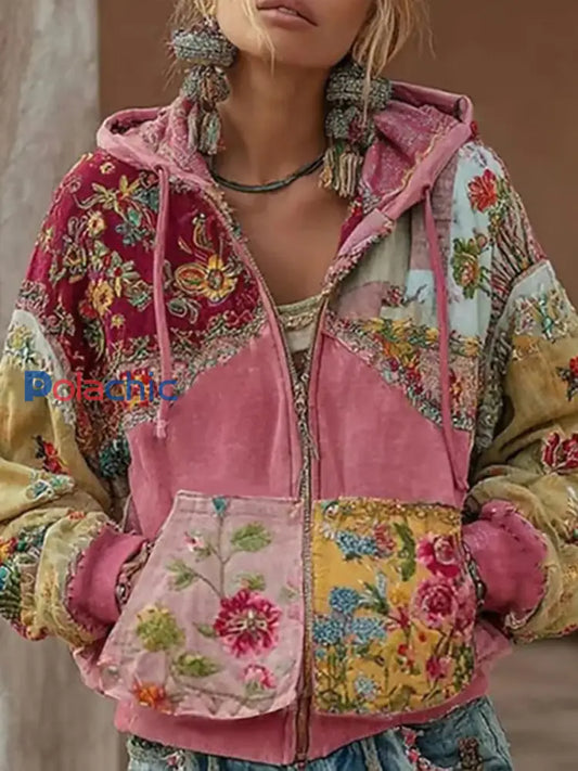 Top Décontracté Femme Rose Imprimé Floral Zippé Rose / S