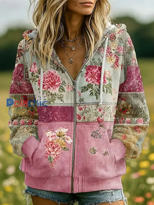 Top Décontracté Femme Rose Imprimé Floral Zippé Rose / S