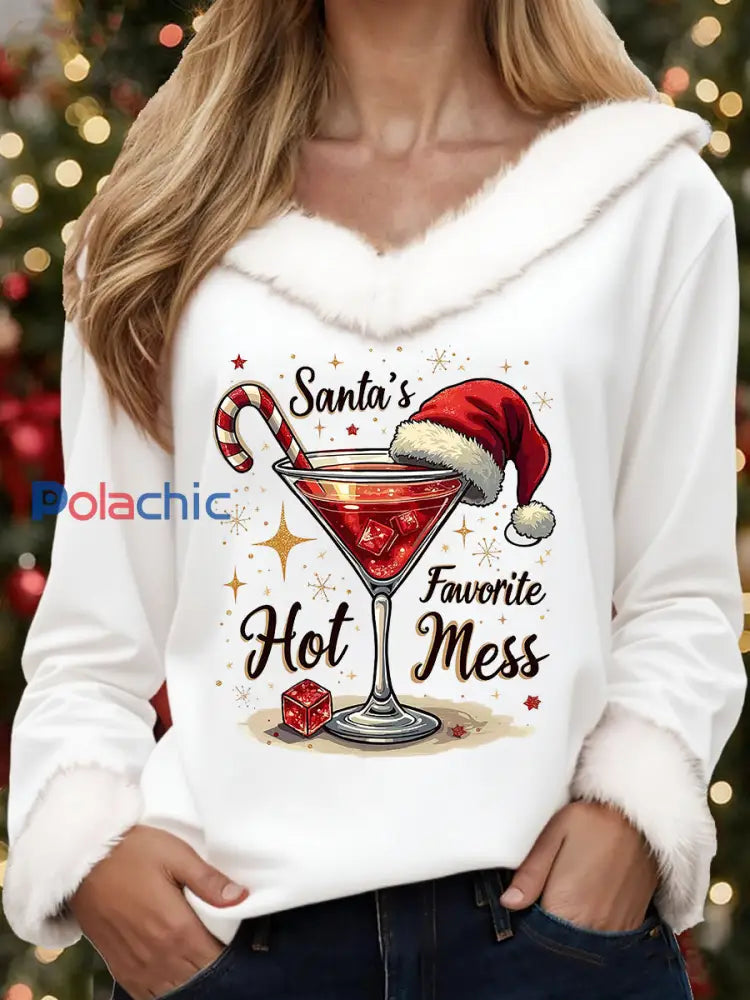 Top décontracté imprimé à col en fourrure pour femmes Drôle de Noël du père Noël Blanc / S