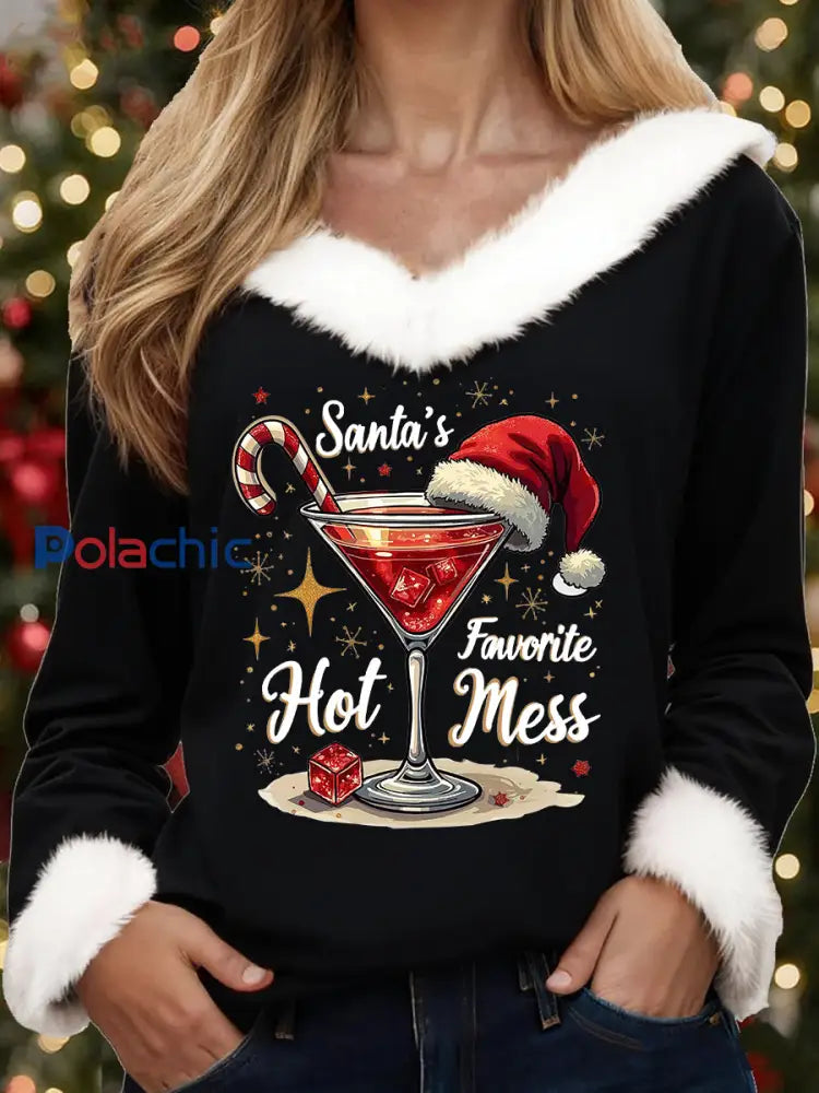 Top décontracté imprimé à col en fourrure pour femmes Drôle de Noël du père Noël Noir / S