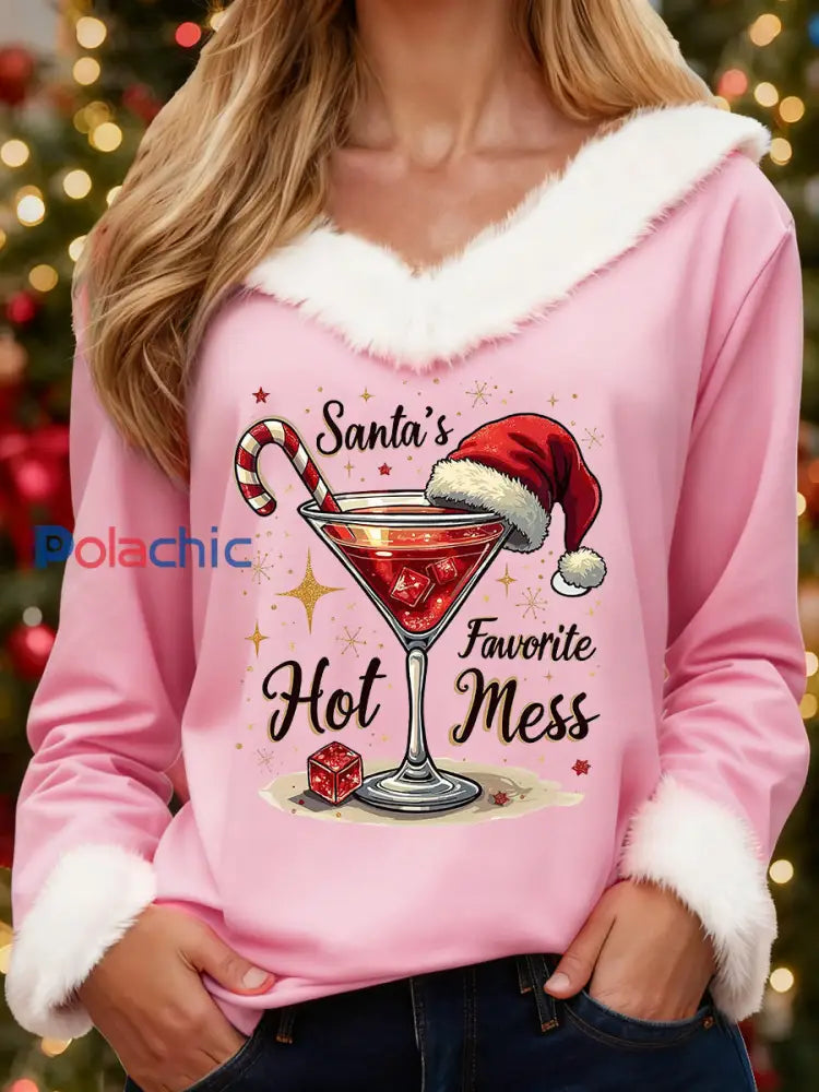 Top décontracté imprimé à col en fourrure pour femmes Drôle de Noël du père Noël Rose / S
