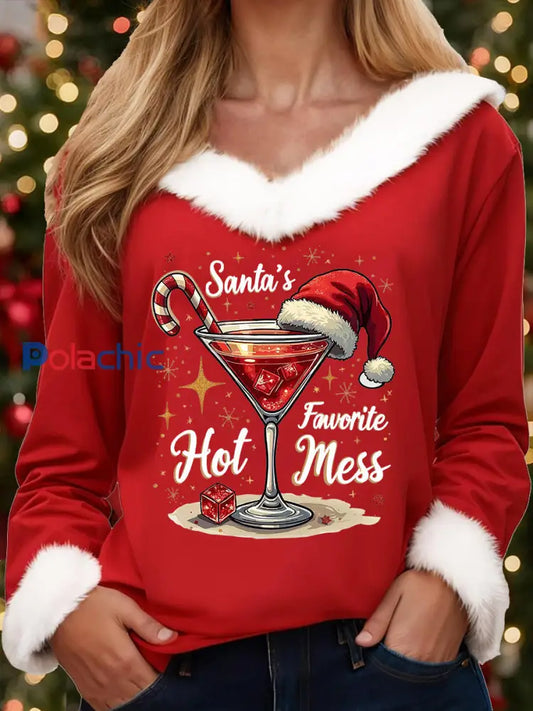 Top décontracté imprimé à col en fourrure pour femmes Drôle de Noël du père Noël Rouge / S