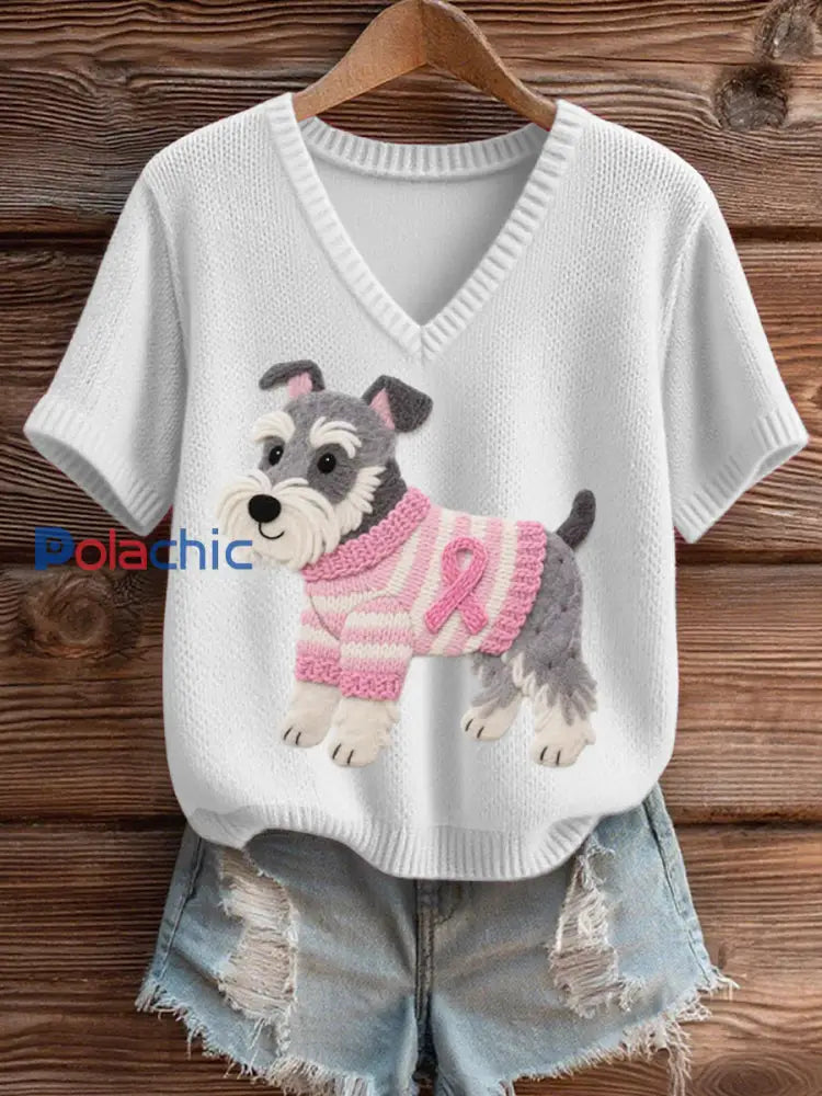 Top en tricot confortable à col en V pour femmes en feutre Art Schnauzer Pattern Blanc / S