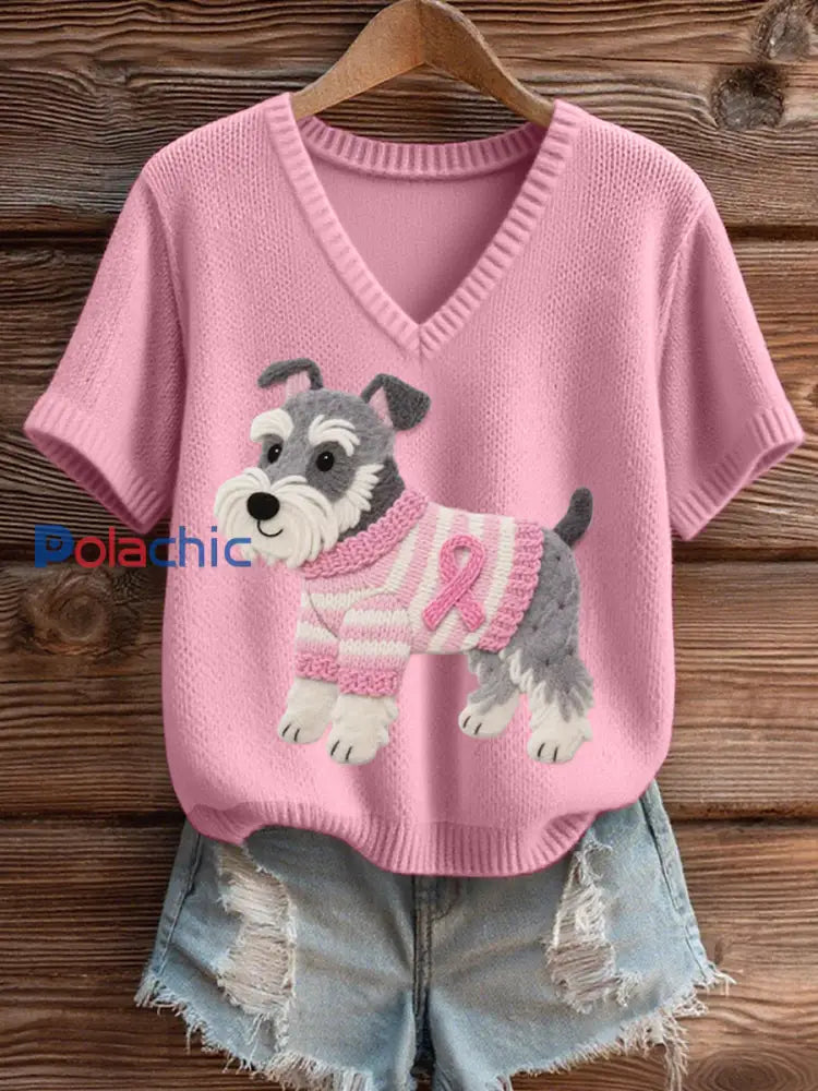 Top en tricot confortable à col en V pour femmes en feutre Art Schnauzer Pattern Rose / S