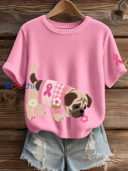 Top en tricot confortable à motif de carlin en feutre pour femmes Rose / S