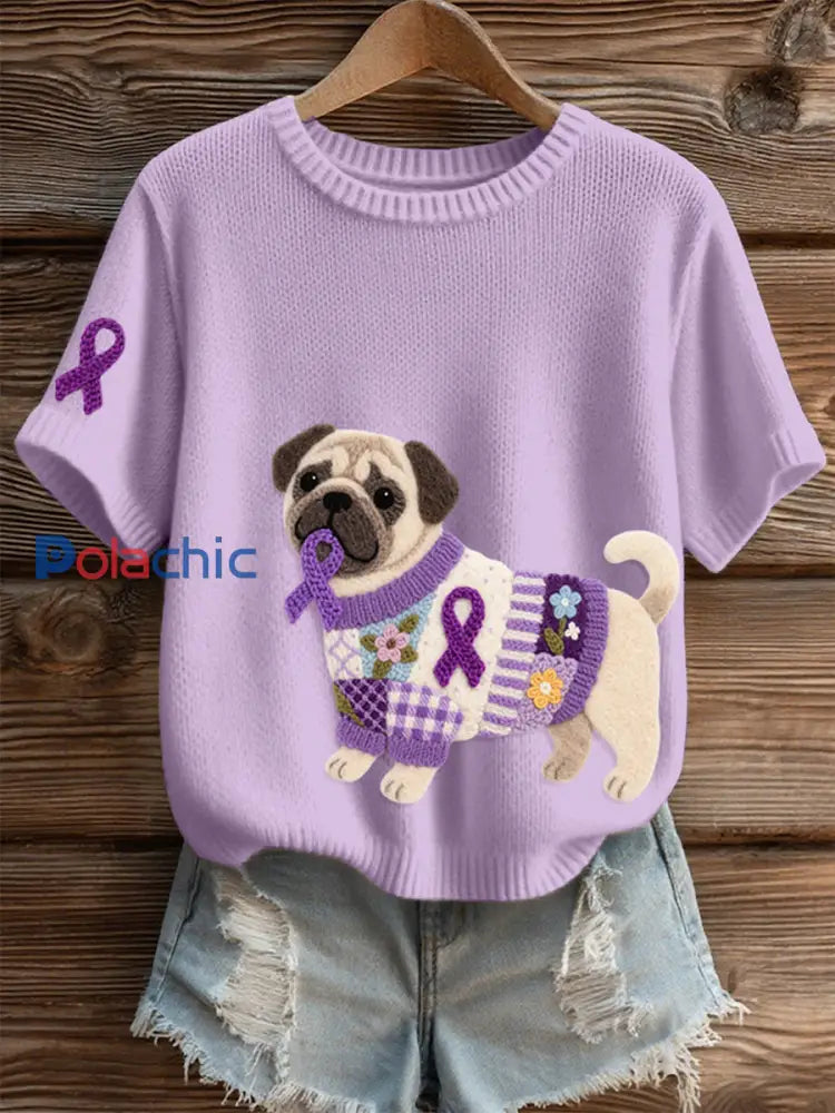 Top en tricot confortable à motif de carlin en feutre pour femmes violet clair / S