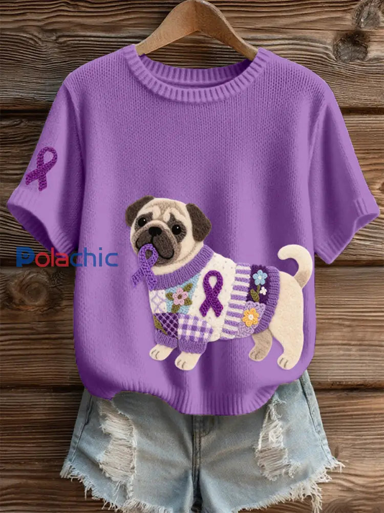 Top en tricot confortable à motif de carlin en feutre pour femmes violet / S