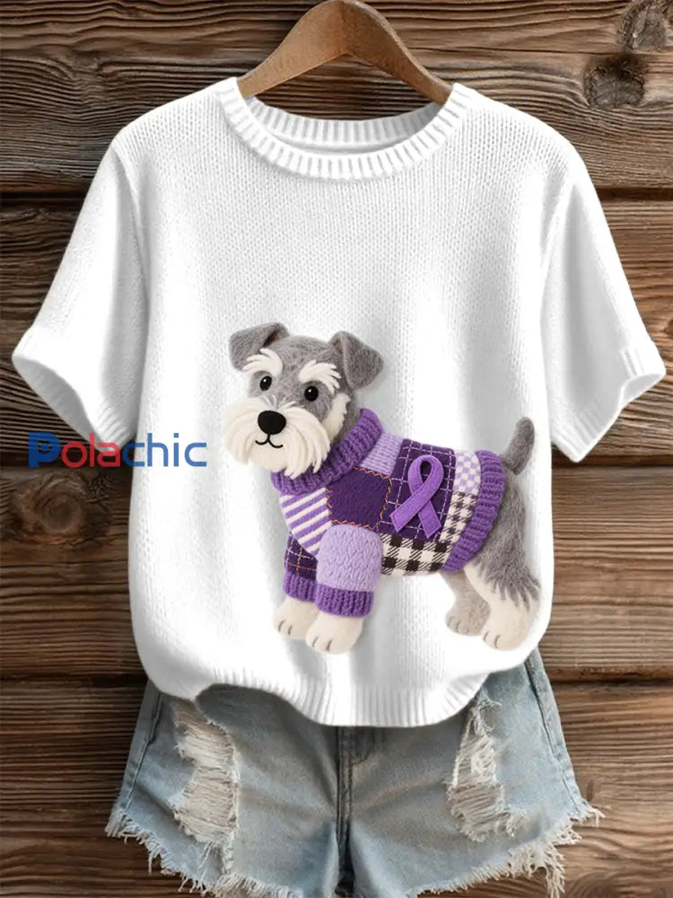 Top en tricot confortable à motif de chien en feutre Schnauzer pour femmes blanc / S