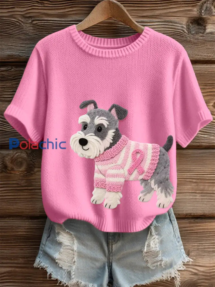 Top en tricot confortable à motif de chien en feutre Schnauzer pour femmes Rose / S