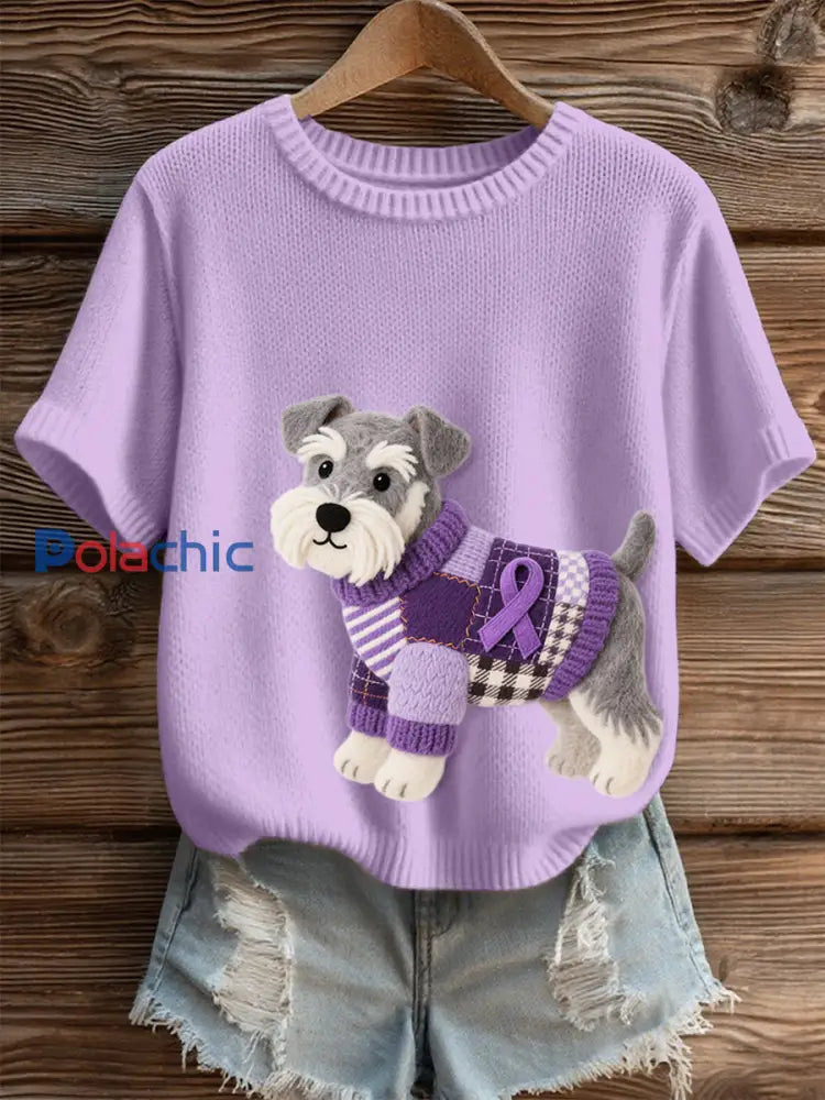 Top en tricot confortable à motif de chien en feutre Schnauzer pour femmes violet clair / S