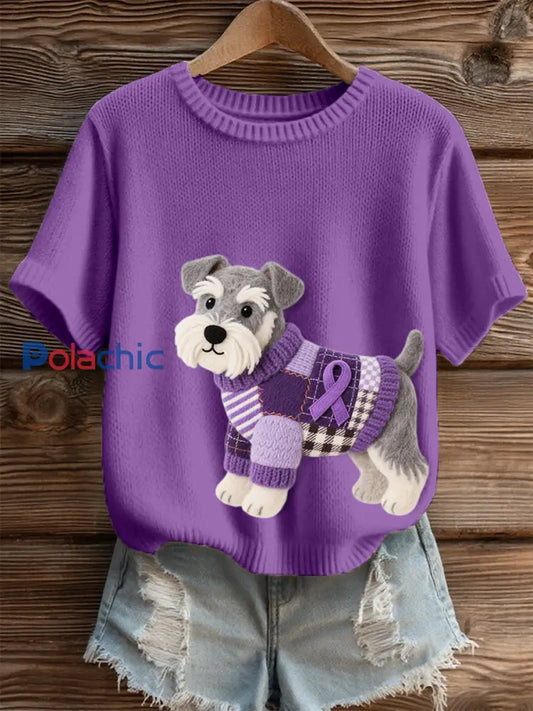 Top en tricot confortable à motif de chien en feutre Schnauzer pour femmes violet / S