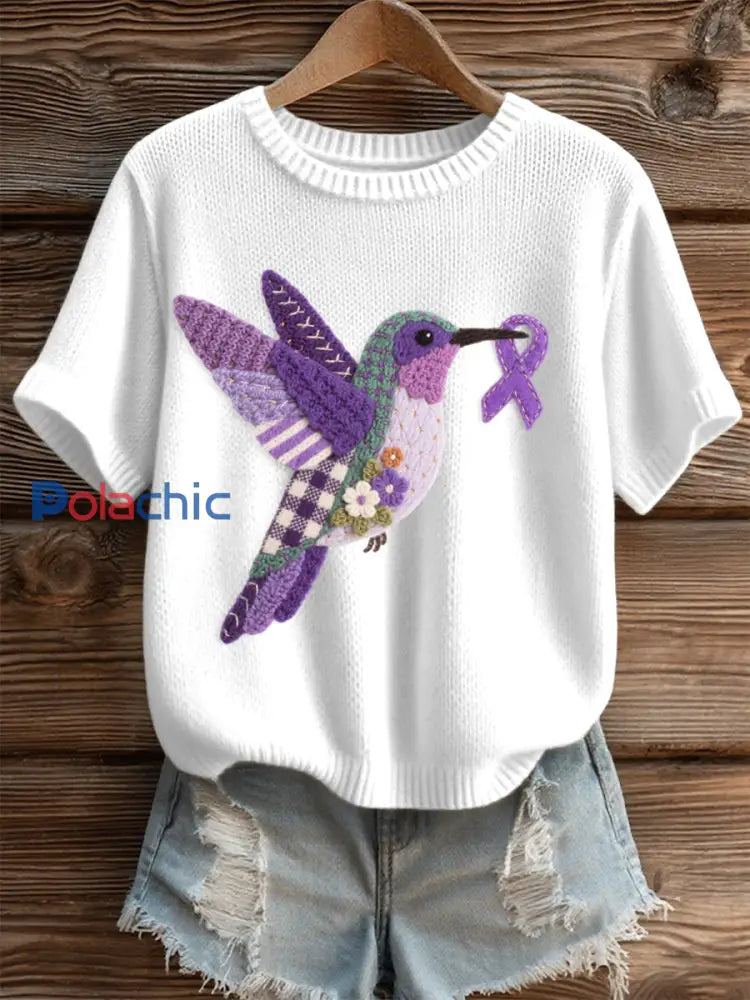 Top en tricot confortable à motif de colibri en feutre pour femmes blanc / S
