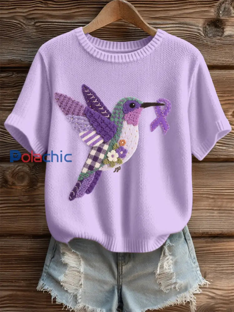 Top en tricot confortable à motif de colibri en feutre pour femmes violet clair / S