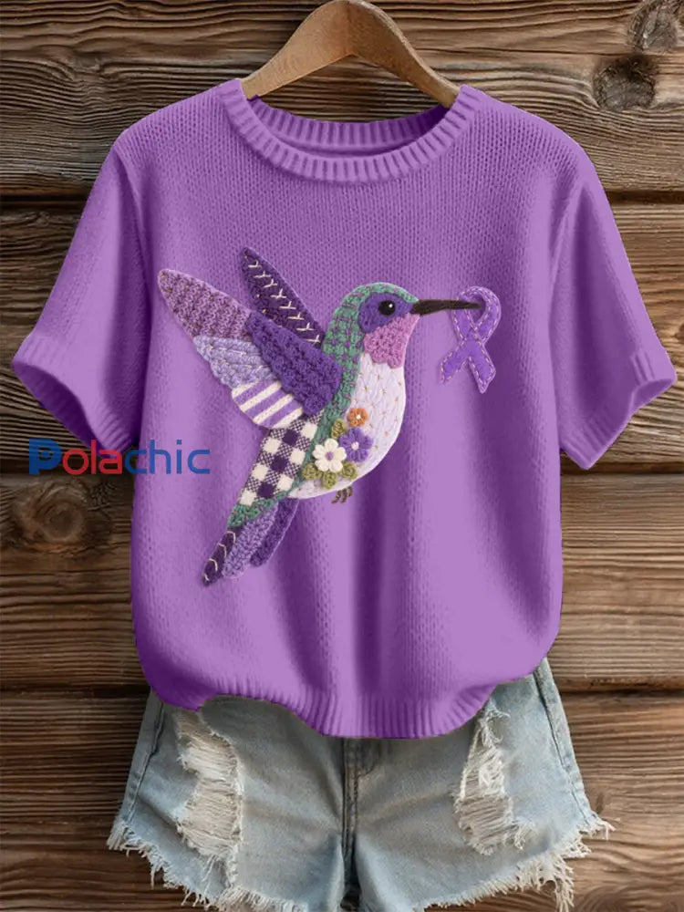 Top en tricot confortable à motif de colibri en feutre pour femmes violet / S