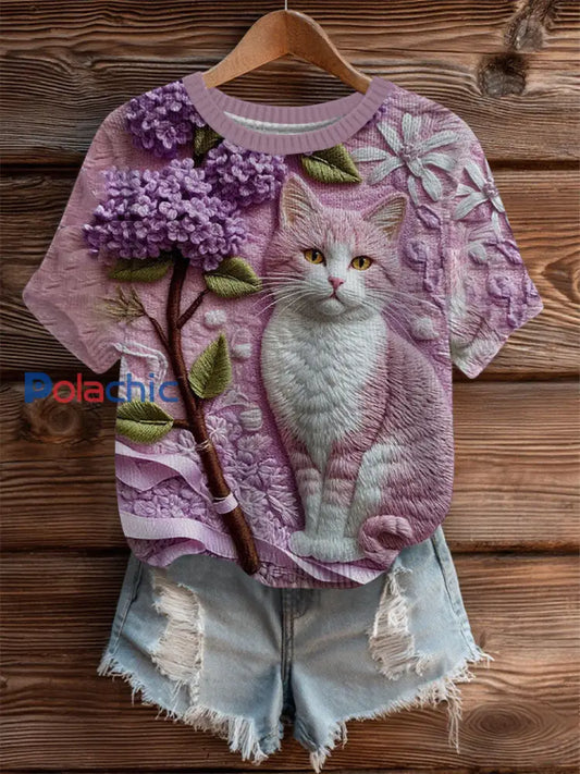Top en tricot confortable Art à imprimé chat pour femmes comme image / S