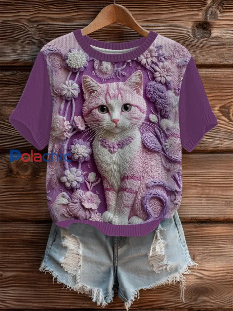 Top en tricot confortable Art à imprimé chat pour femmes comme image / S