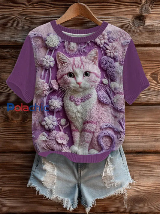 Top en tricot confortable Art à imprimé chat pour femmes comme image / S