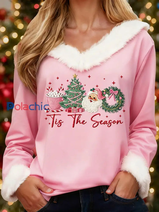 Top Femme Joyeux Noël Père Noël Imprimé Décontracté Col En Fourrure Rose / S