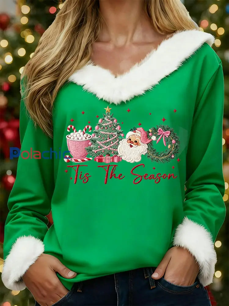 Top Femme Joyeux Noël Père Noël Imprimé Décontracté Col En Fourrure Vert / S