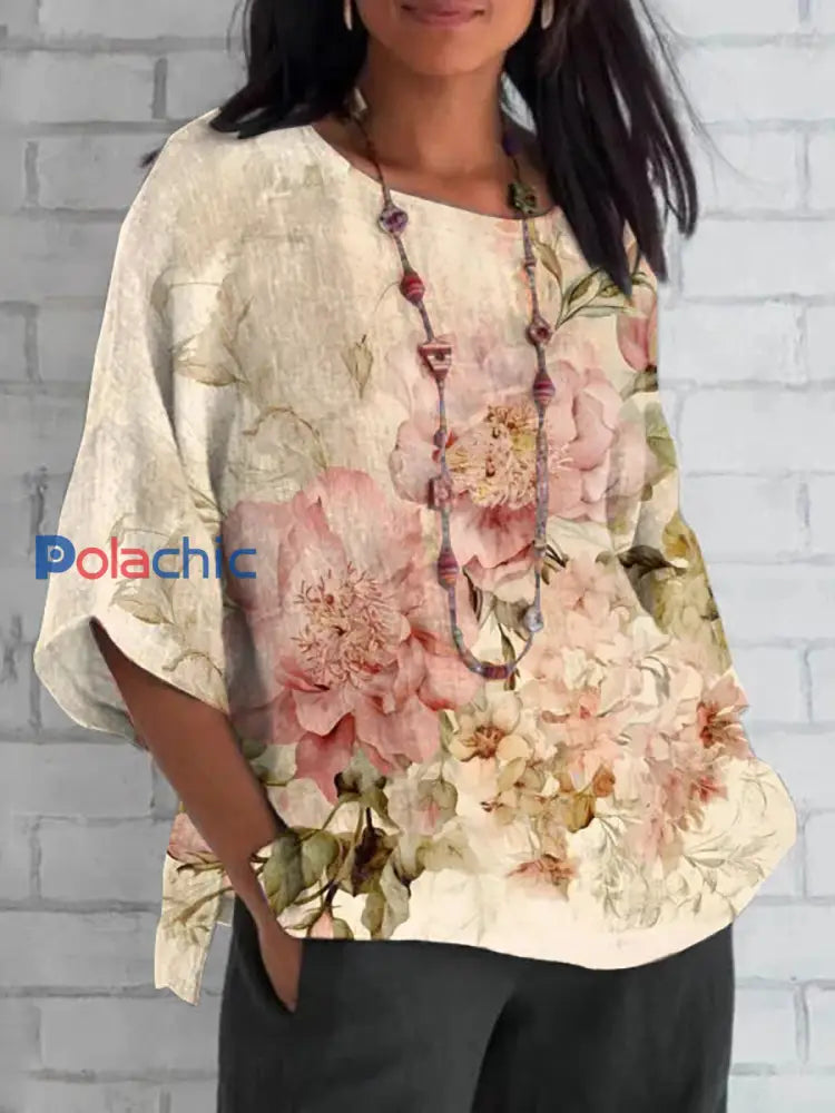 Top Femme Vintage Floral En Coton Et Lin comme image / S