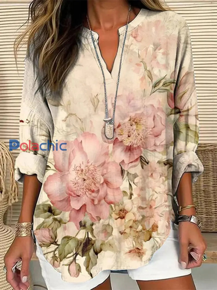 Top Femme Vintage Floral En Coton Et Lin Rose / S