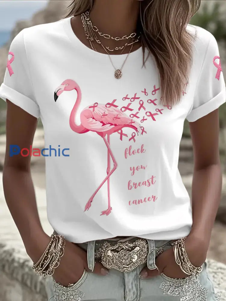 Troupeau des femmes vous cancer du sein rose Flamingo impression cancer du sein soutien de sensibilisation Tee Blanc / S