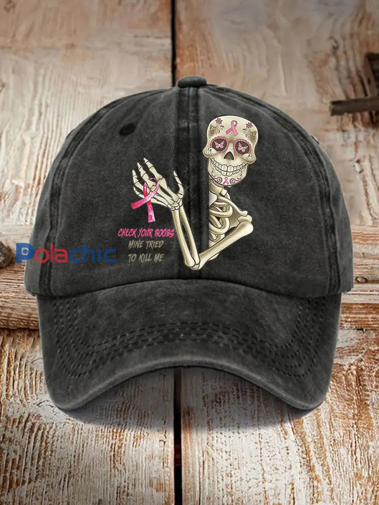 Unisexe drôle cancer du sein Awarenessd crâne vérifier vos seins mine essayé de me tuer imprimer casquette de baseball