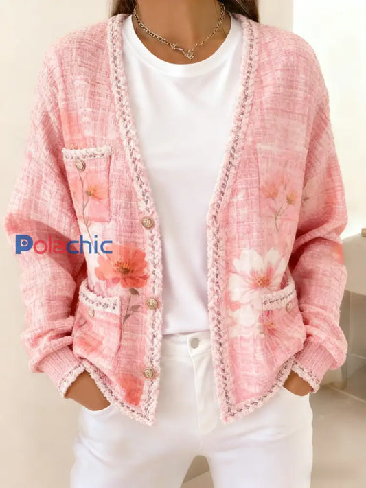 Veste de poche en tricot style cardigan thème floral cancer du sein rétro Rose / S