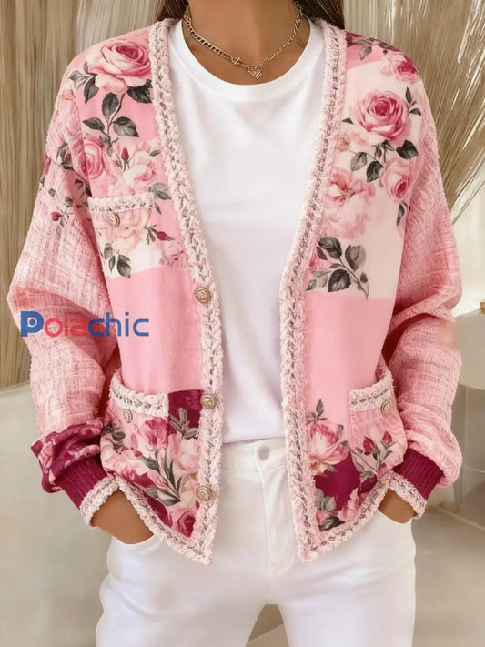 Veste de poche en tricot style cardigan thème floral cancer du sein rétro Rose / S
