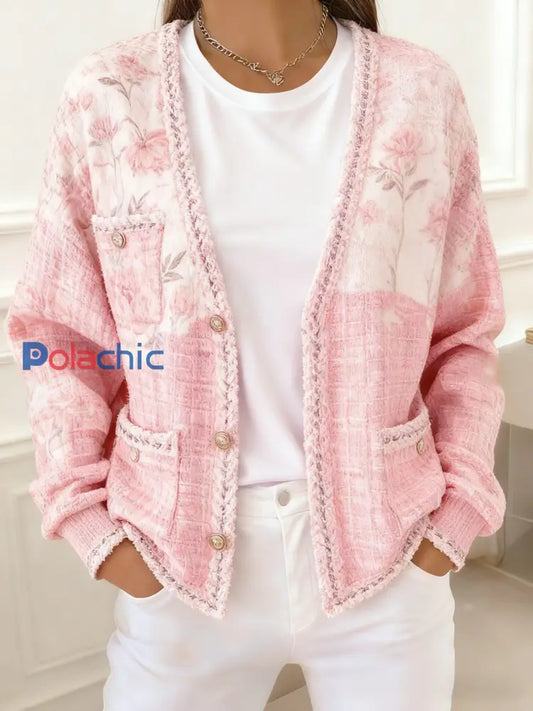 Veste de poche en tricot style cardigan thème floral cancer du sein rétro Rose / S