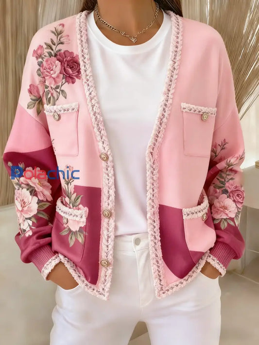 Veste de poche en tricot style cardigan thème floral cancer du sein rétro Rose / S