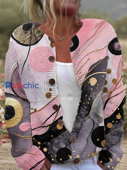 Veste Femme Rose Imprimé Art Cardigan En Tricot Rose / S
