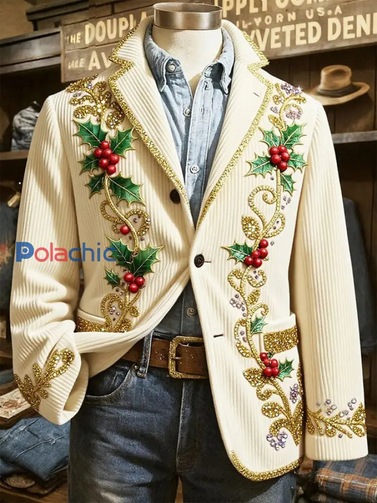 Veste imprimée d’art de Noël pour hommes Beige / S