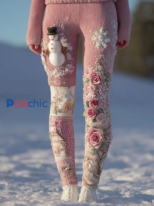 Vêtements de Noël pour femmes cancer du sein leggings floraux et bonhomme de neige rose Rose / S