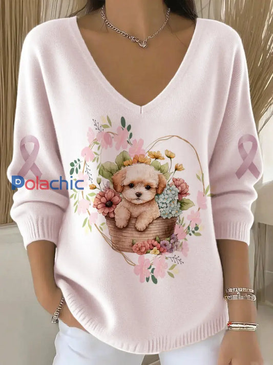 Vintage Animal Floral chien Art V-Neck Casual Top des femmes. Rose-Blanc / S