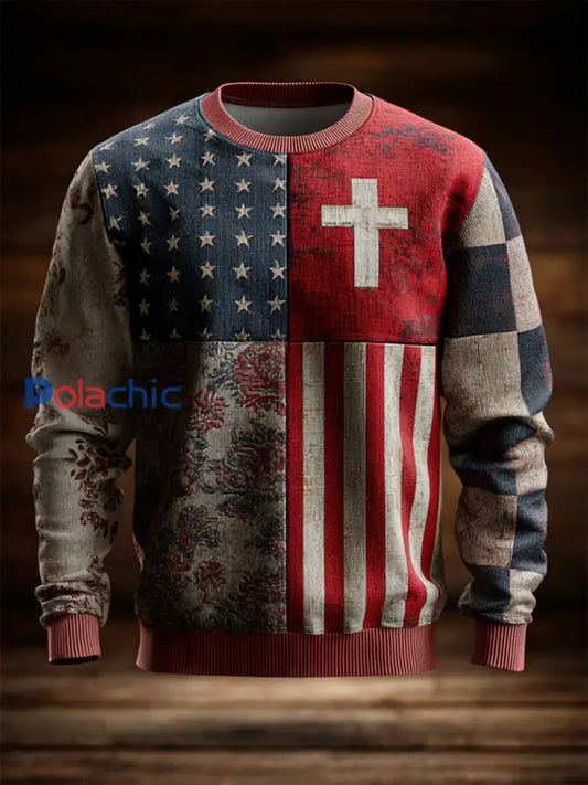 Vintage Casual American Flag Cross Faith Pull Sweatshirt pour hommes comme image / S