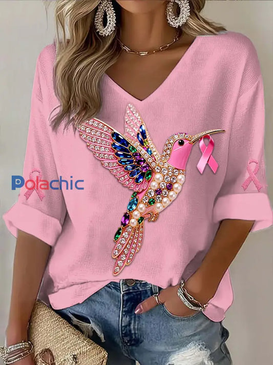 Vintage Vintage Colibri Coloré Perles Cancer Du Sein Abstrait Imprimer Casual Coton Manches Longues T Shirt Rose / S