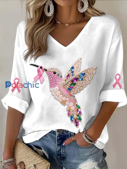 Vintage Vintage Colibri Perles Colorées Cancer du sein Imprimer T shirt décontracté à manches longues en coton Blanc / S