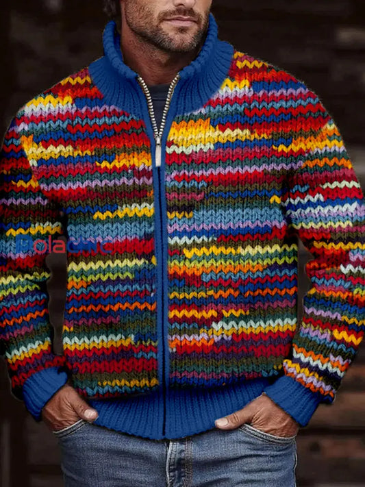 Vintage coloré Crochet Art confortable Zip Cardigan des hommes comme image / S