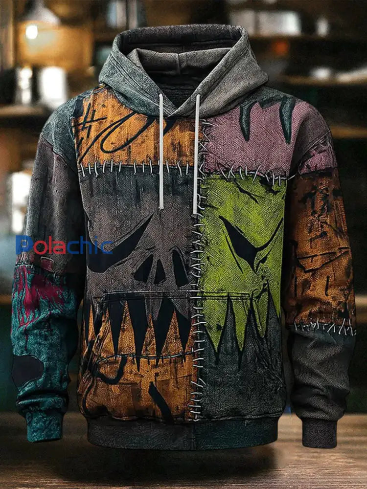Vintage Halloween Patchwork Imprimer Art Casual Hoodie des hommes comme image / S