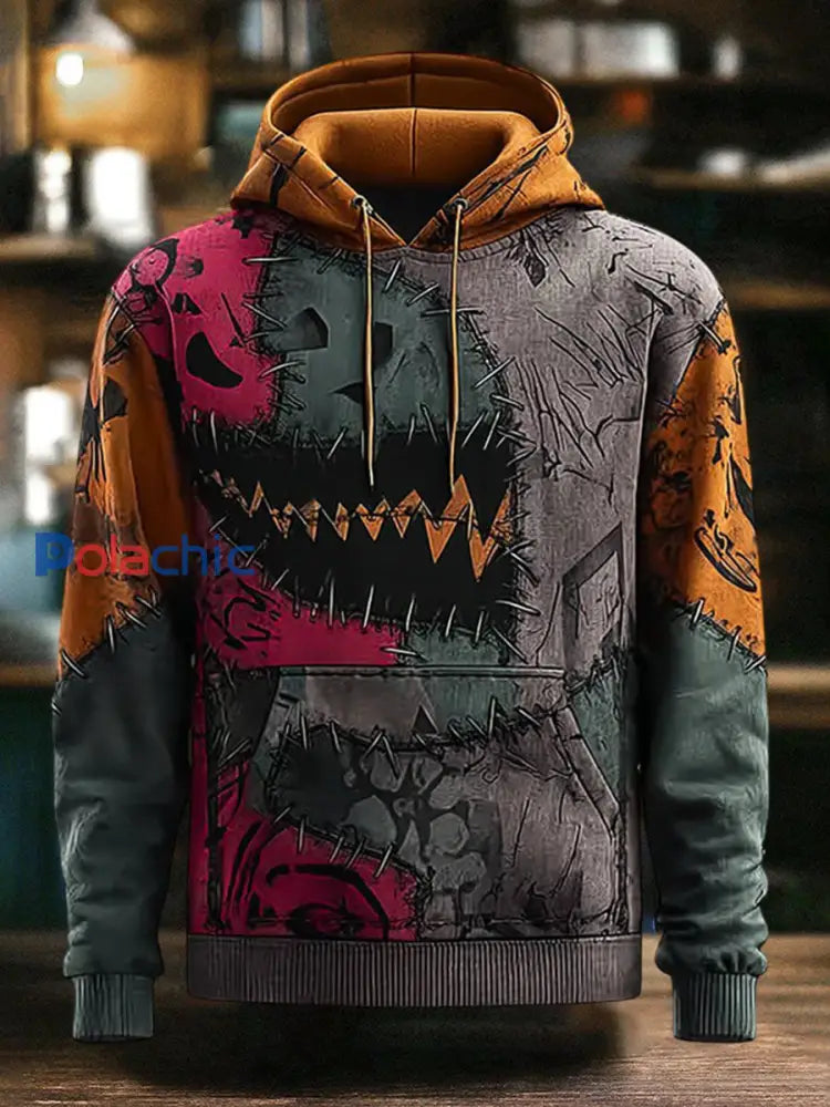 Vintage Halloween Patchwork Imprimer Art Casual Hoodie des hommes comme image / S