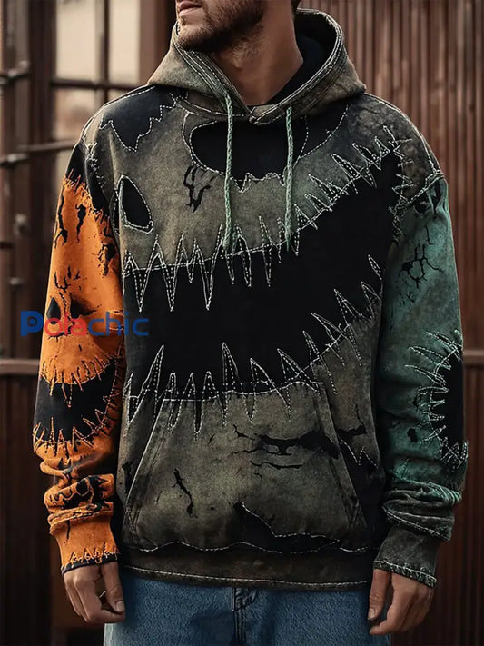 Vintage Halloween Patchwork Imprimer Art Casual Hoodie des hommes comme image / S