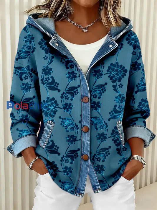 Vintage motif floral patchwork art à capuchon Cardigan des femmes Bleu / S