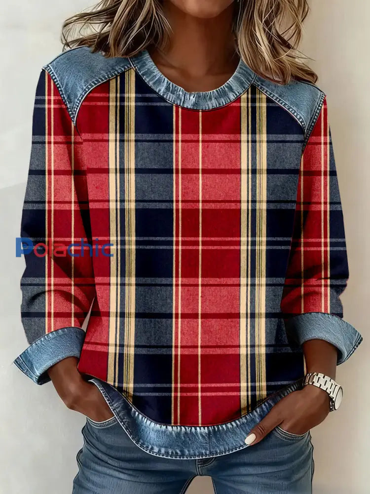 Vintage Plaid Patchwork Sweatshirt des femmes comme image / S