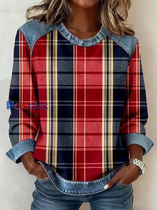 Vintage Plaid Patchwork Sweatshirt des femmes comme image / S