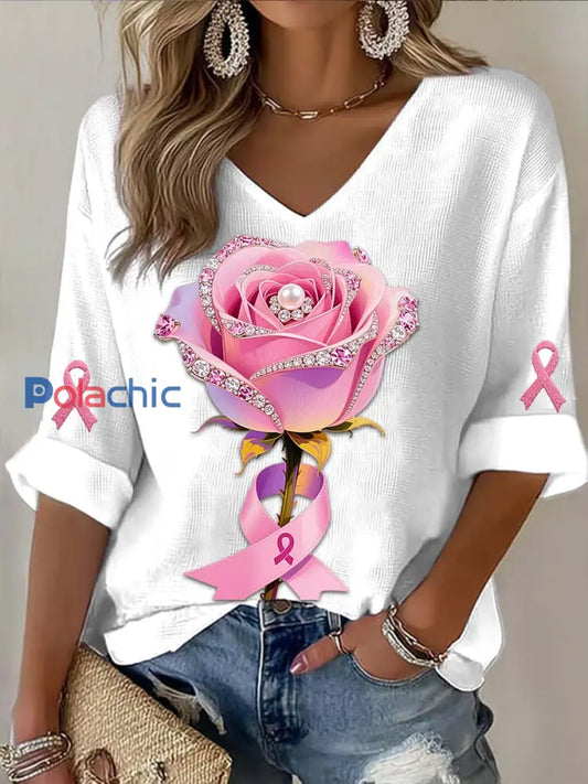 Vintage Rose Pearl Breast Cancer Imprimer T shirt décontracté à manches longues en coton Blanc / S