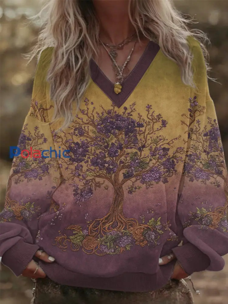 Vintage Viking Celtic Noeud Gradient Art V-Neck Sweatshirt des femmes Violet / S