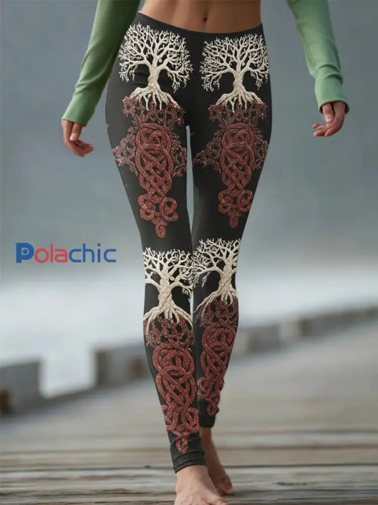 Vintage Viking Tree Of Life Celtic Knod Print Leggings décontractés pour femmes Noir / S
