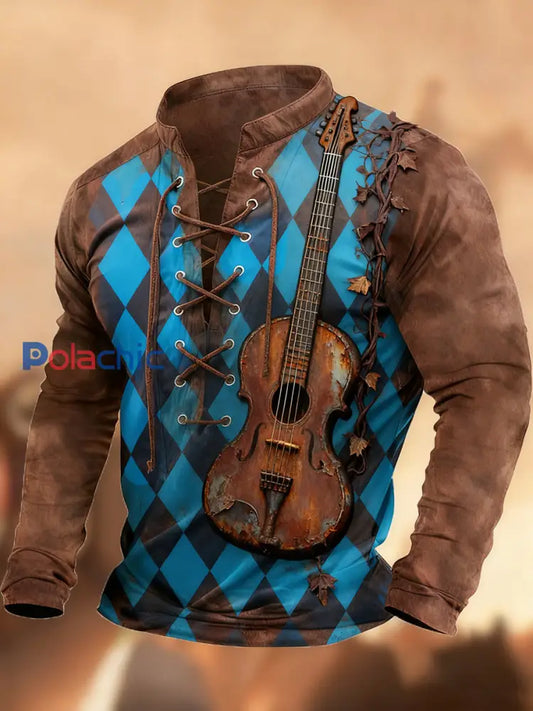 Vintage Western Art Print Country Style col en V Henley chemise à manches longues A / S